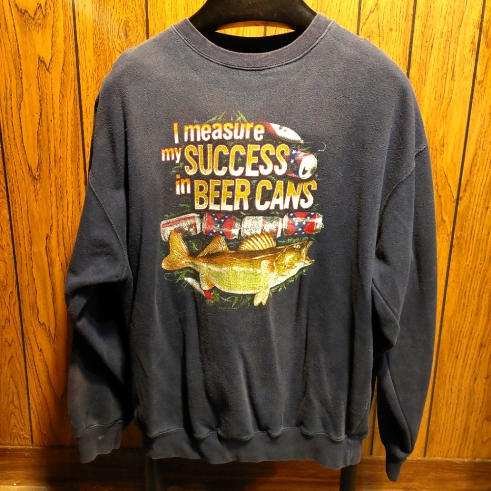 Navy Graphic Men's Sweatshirt Vintage 90s Fishing And  Beer Cans Lost Creek